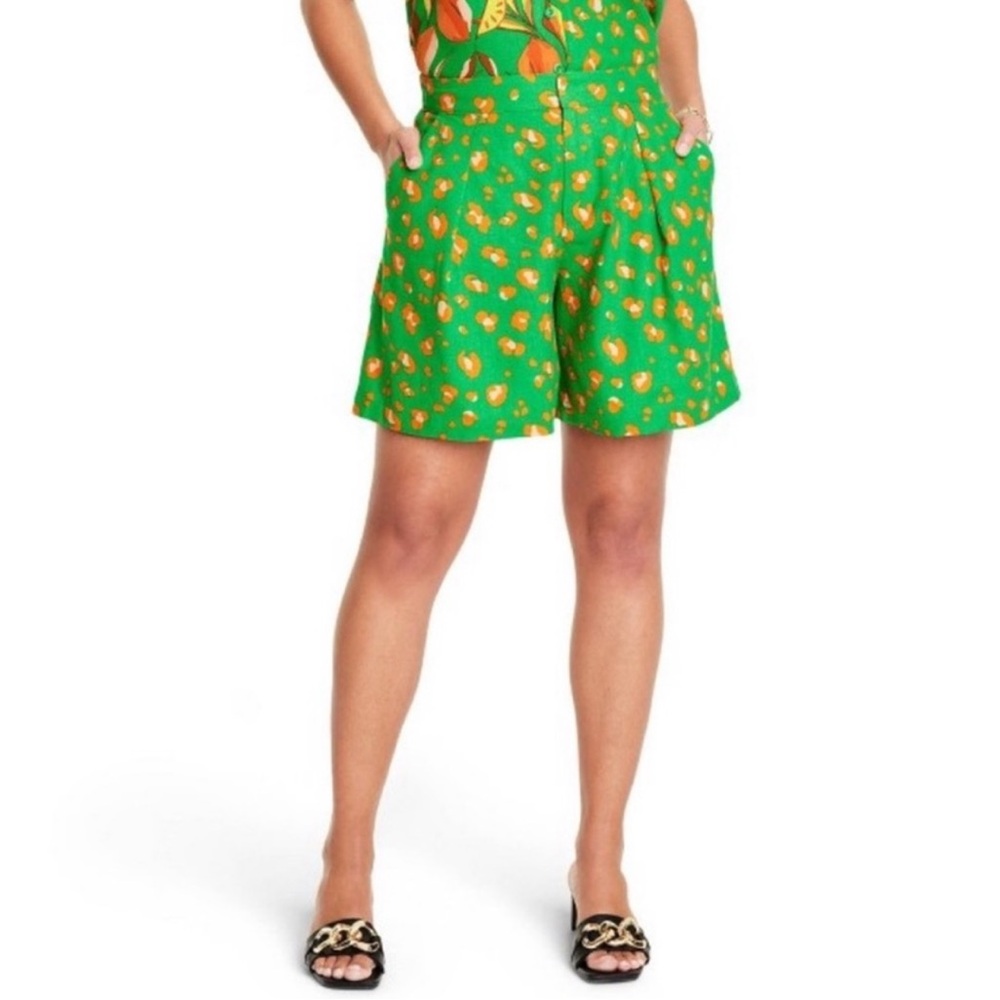 Tabitha Brown Green Leopard Linen Shorts Sz XL